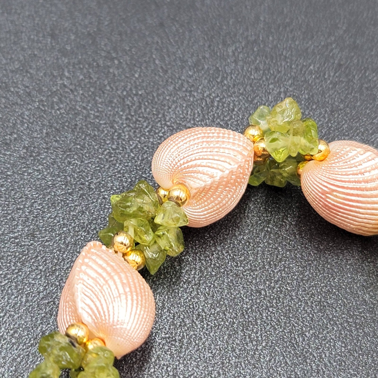 Real Seashell Bracelet Painted Pink Green Chip Gemstones Elastic  7"