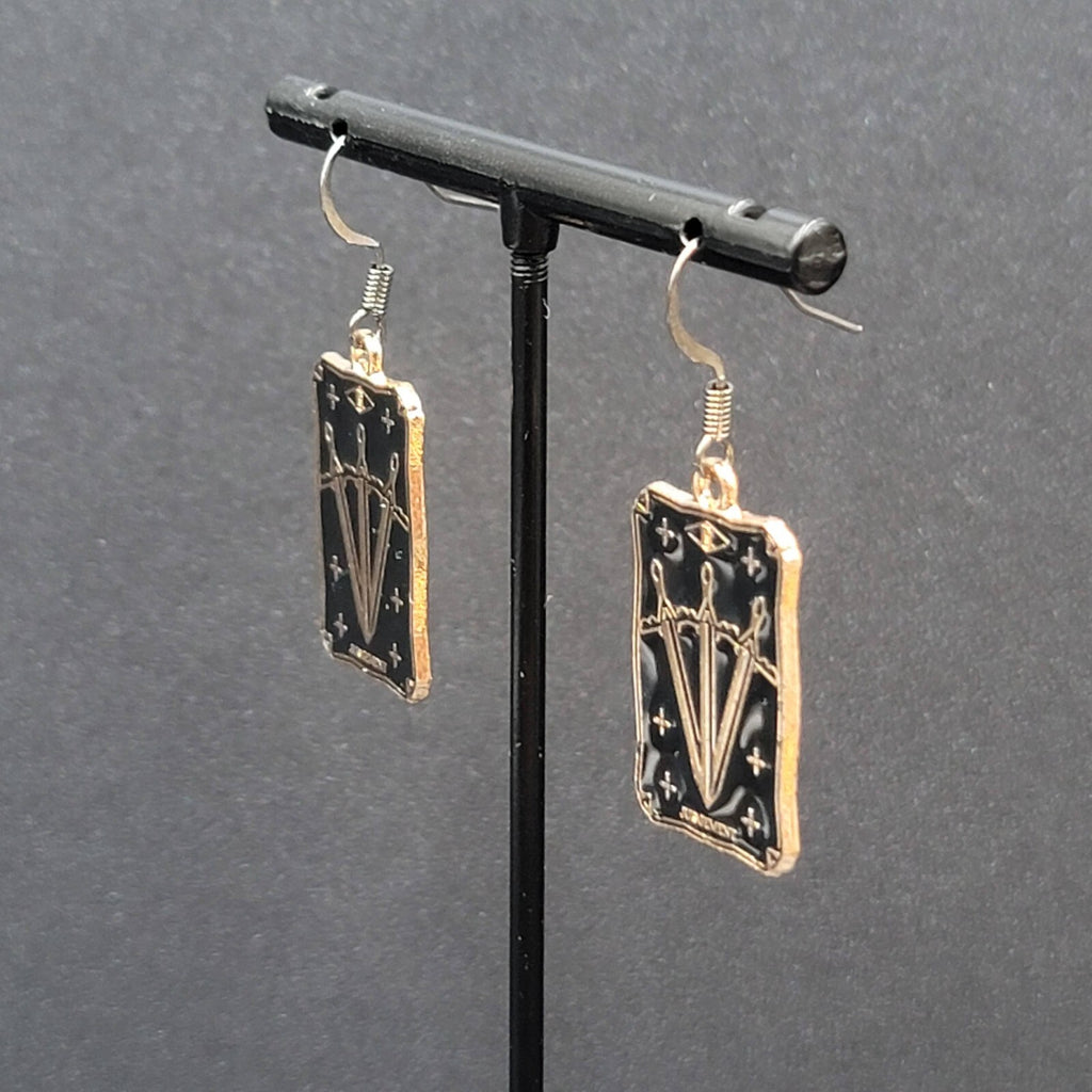 Tarot Card Pierced Earrings JUDGEMENT 3 Swords Gold tone Black 1"