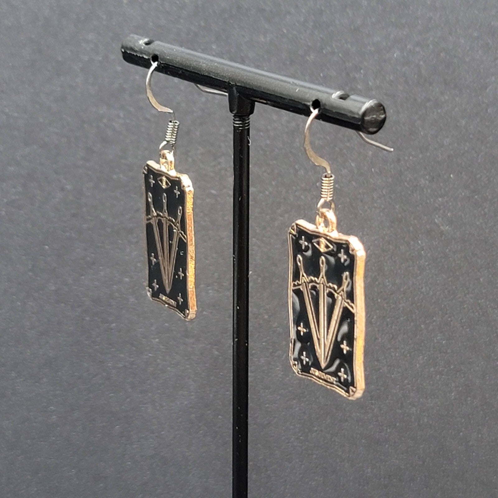 Tarot Card Pierced Earrings JUDGEMENT 3 Swords Gold tone Black 1"