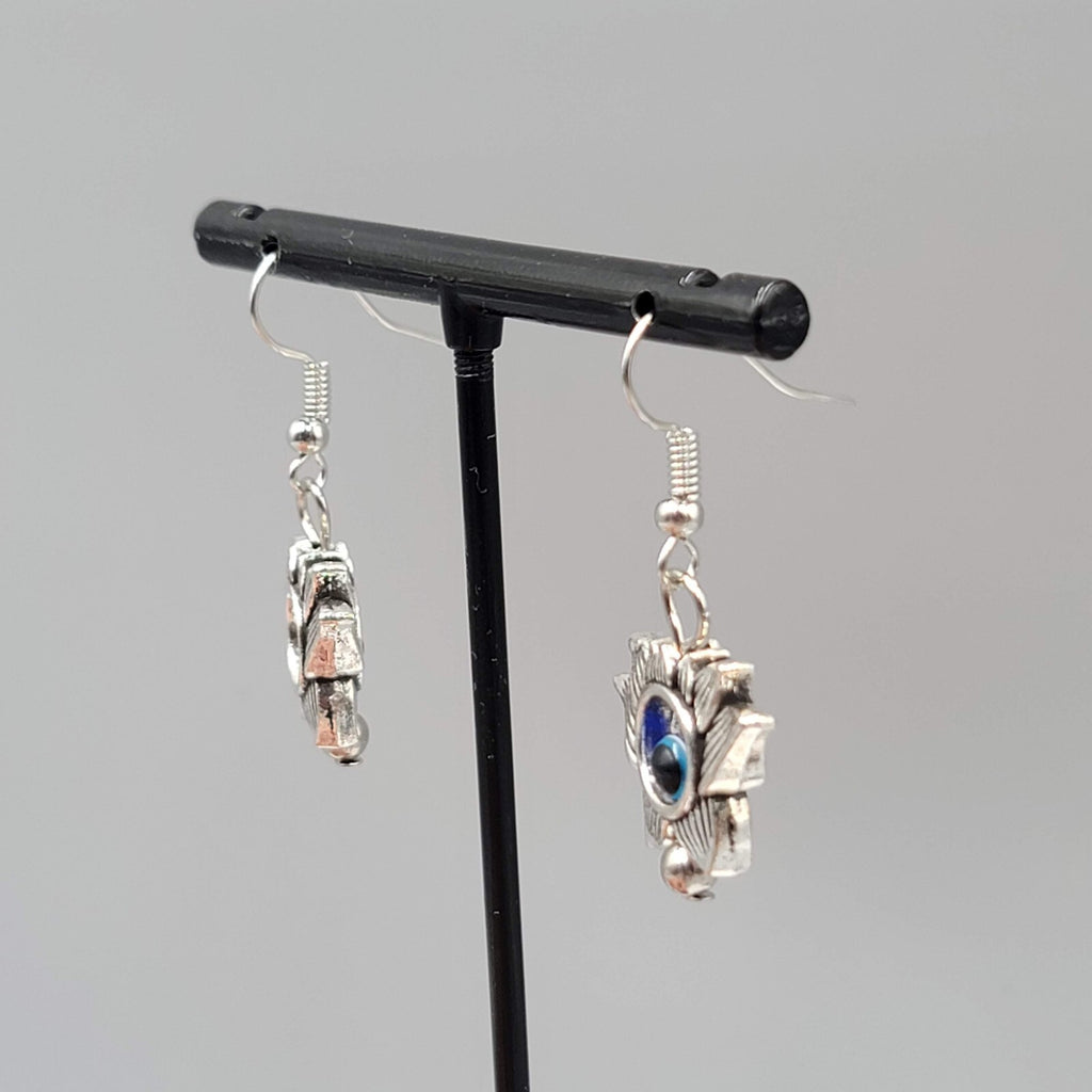 Lotus Flower Evil Eye Pierced Earrings Silver tone Blue Bead Dangle 3/4"