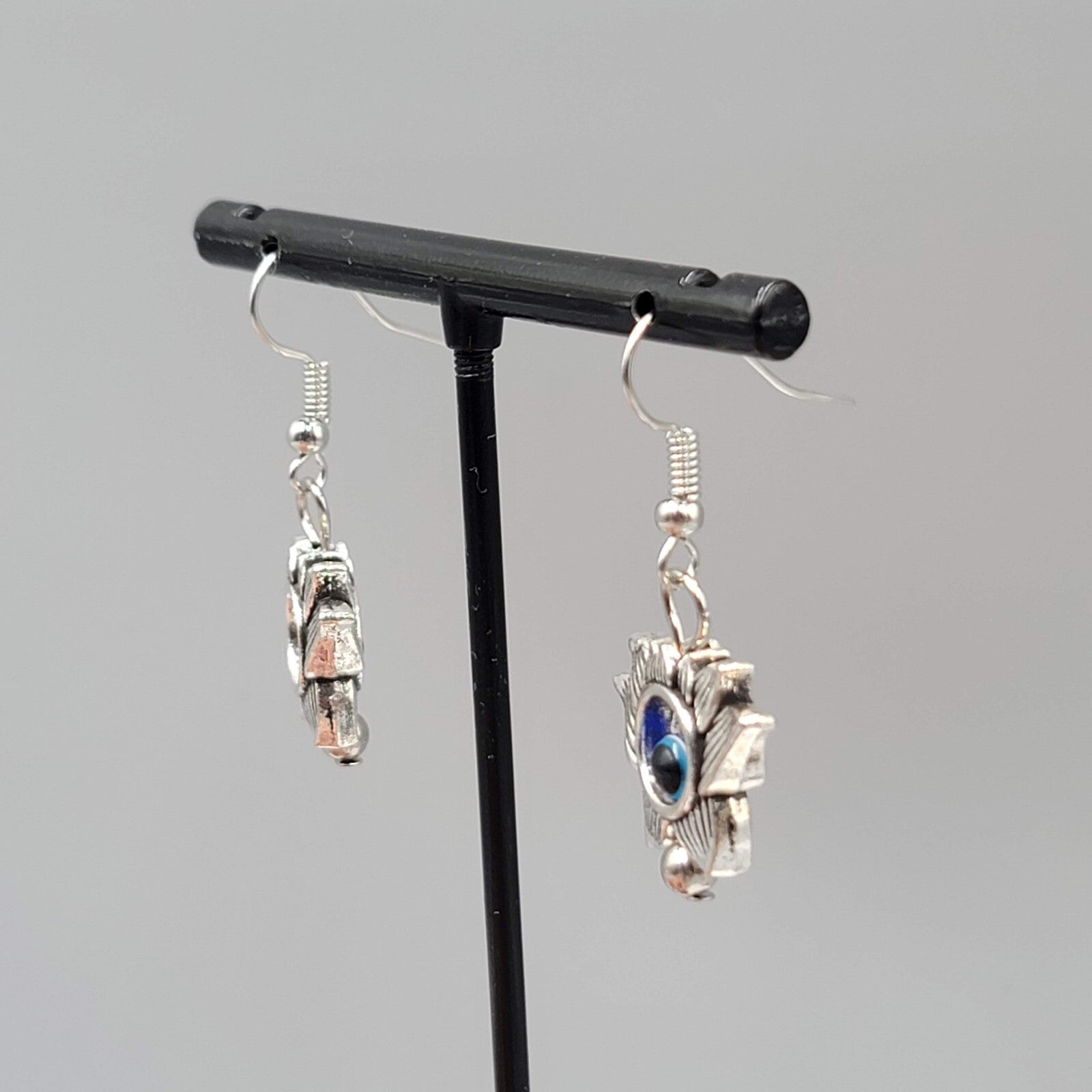 Lotus Flower Evil Eye Pierced Earrings Silver tone Blue Bead Dangle 3/4"