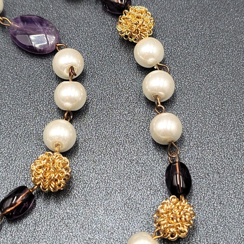 Long Necklace Faux Pearl Gold tone Wire Amethyst and Glass Beads 40"