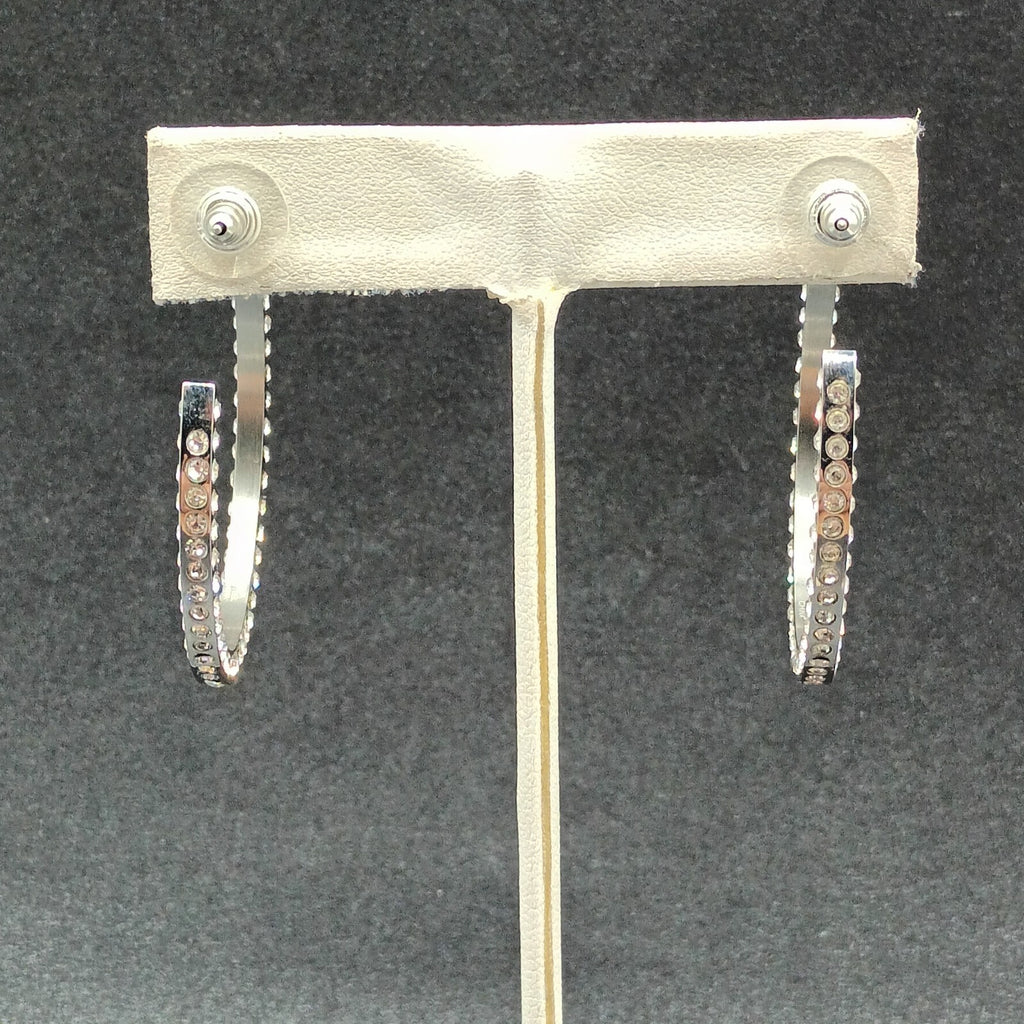 Pierced Earrings Silver tone Rhinestone Studded Statement Hoop 1 5/8"