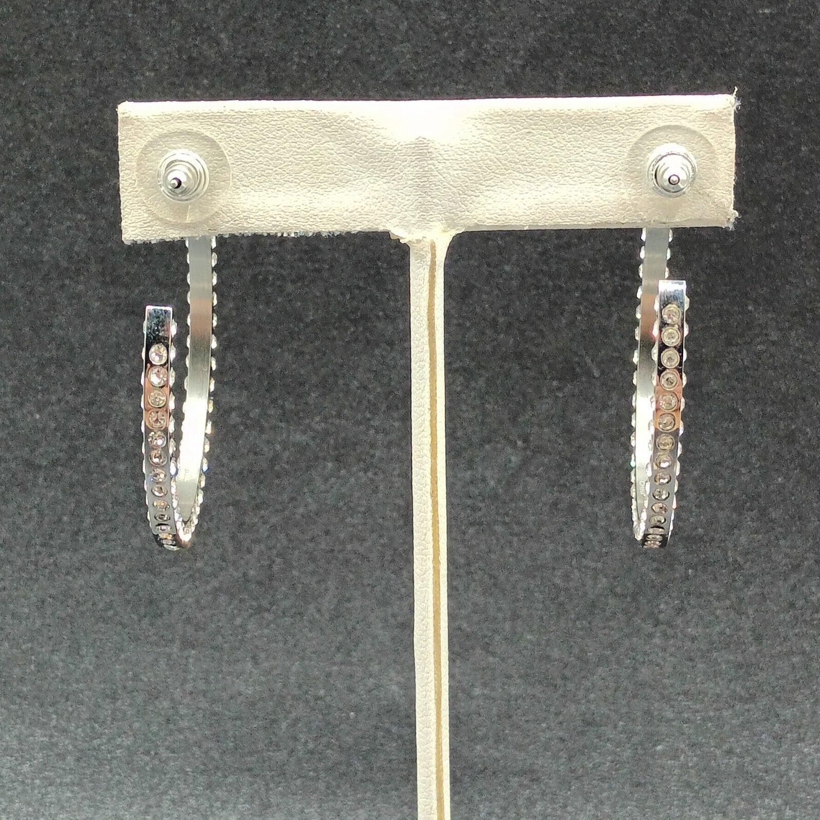 Pierced Earrings Silver tone Rhinestone Studded Statement Hoop 1 5/8"