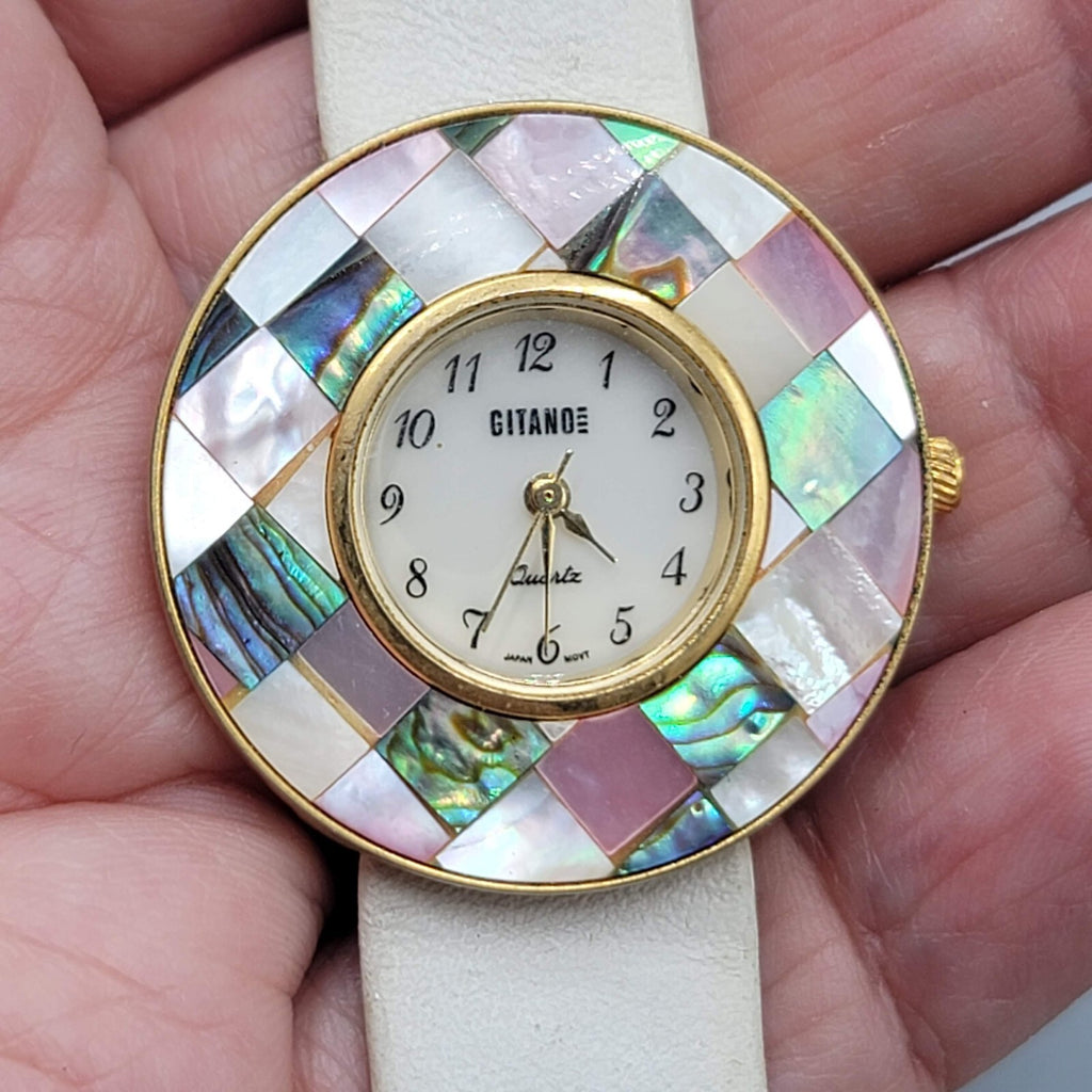 Vintage Gitano Watch Women Gold Tone MOP Mosaic Bezel NEEDS BATTERY