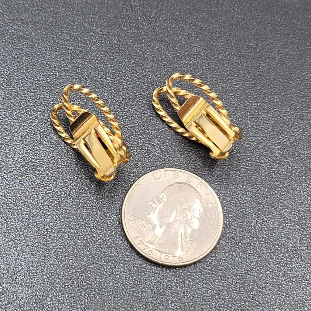 Vintage Clip on Earrings Textured Gold tone Rhinestone Drop 3/4"