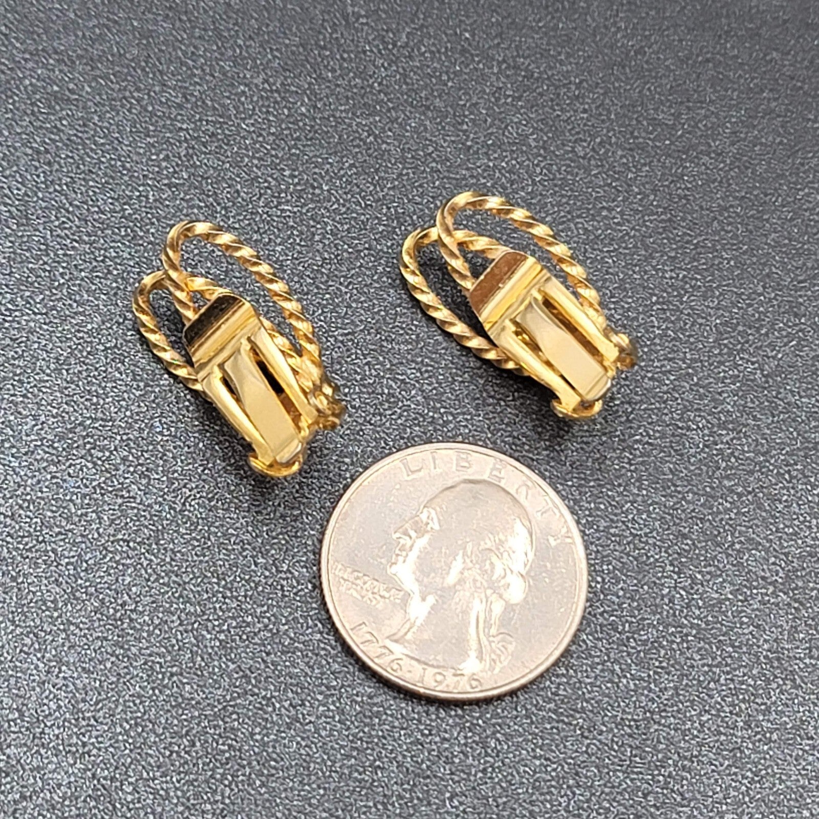 Vintage Clip on Earrings Textured Gold tone Rhinestone Drop 3/4"