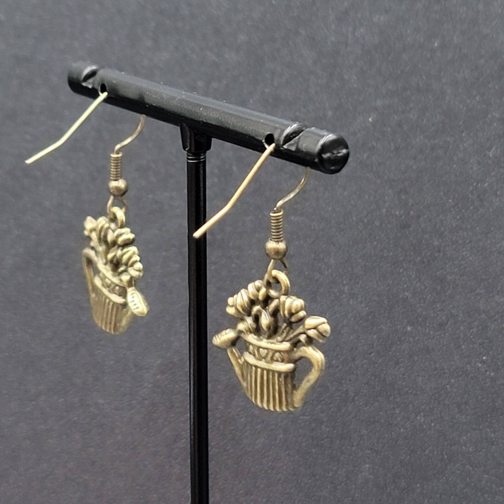 Garden Water Can Flowers Pierced Earrings Bronze tone Embossed Dangle 1" FS