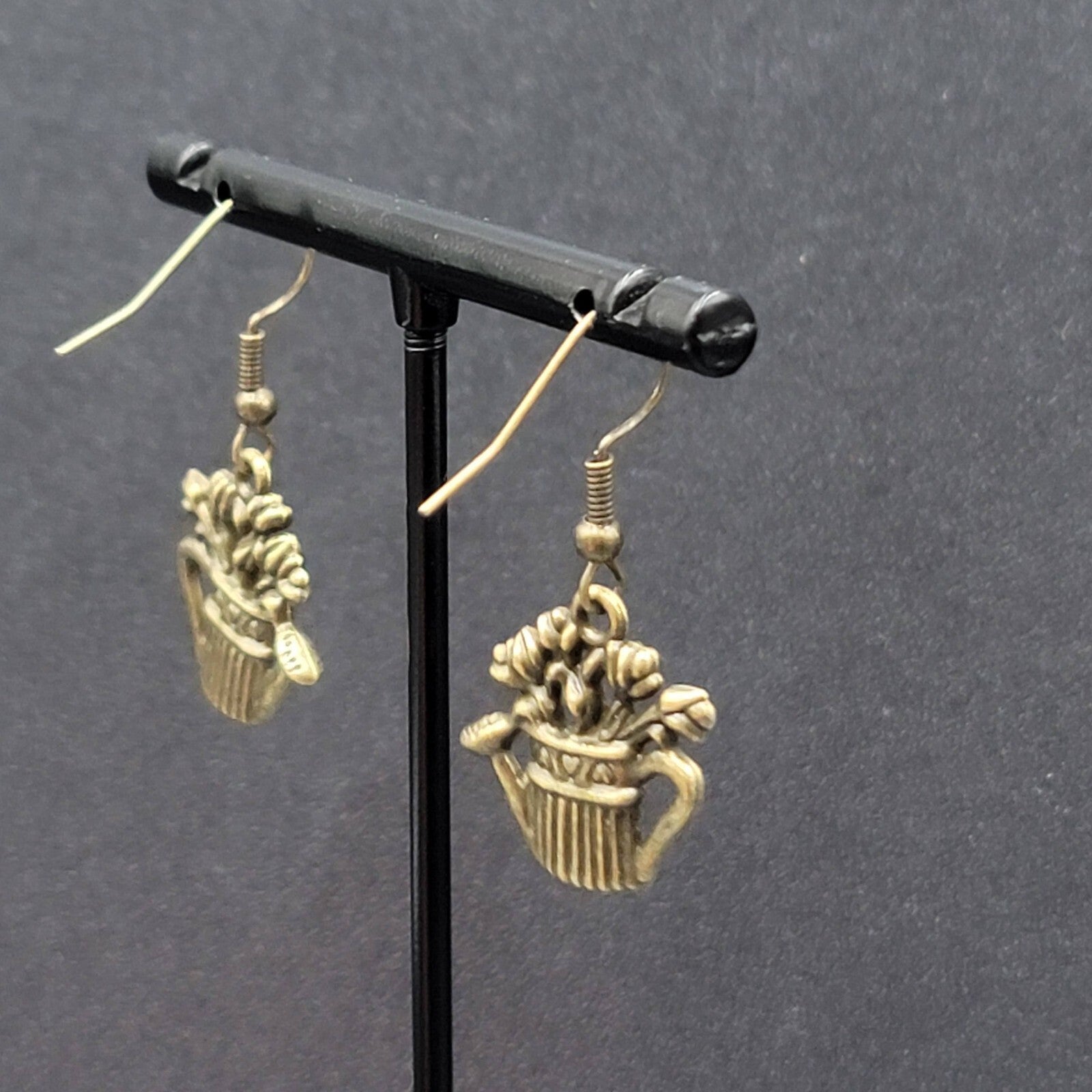 Garden Water Can Flowers Pierced Earrings Bronze tone Embossed Dangle 1" FS