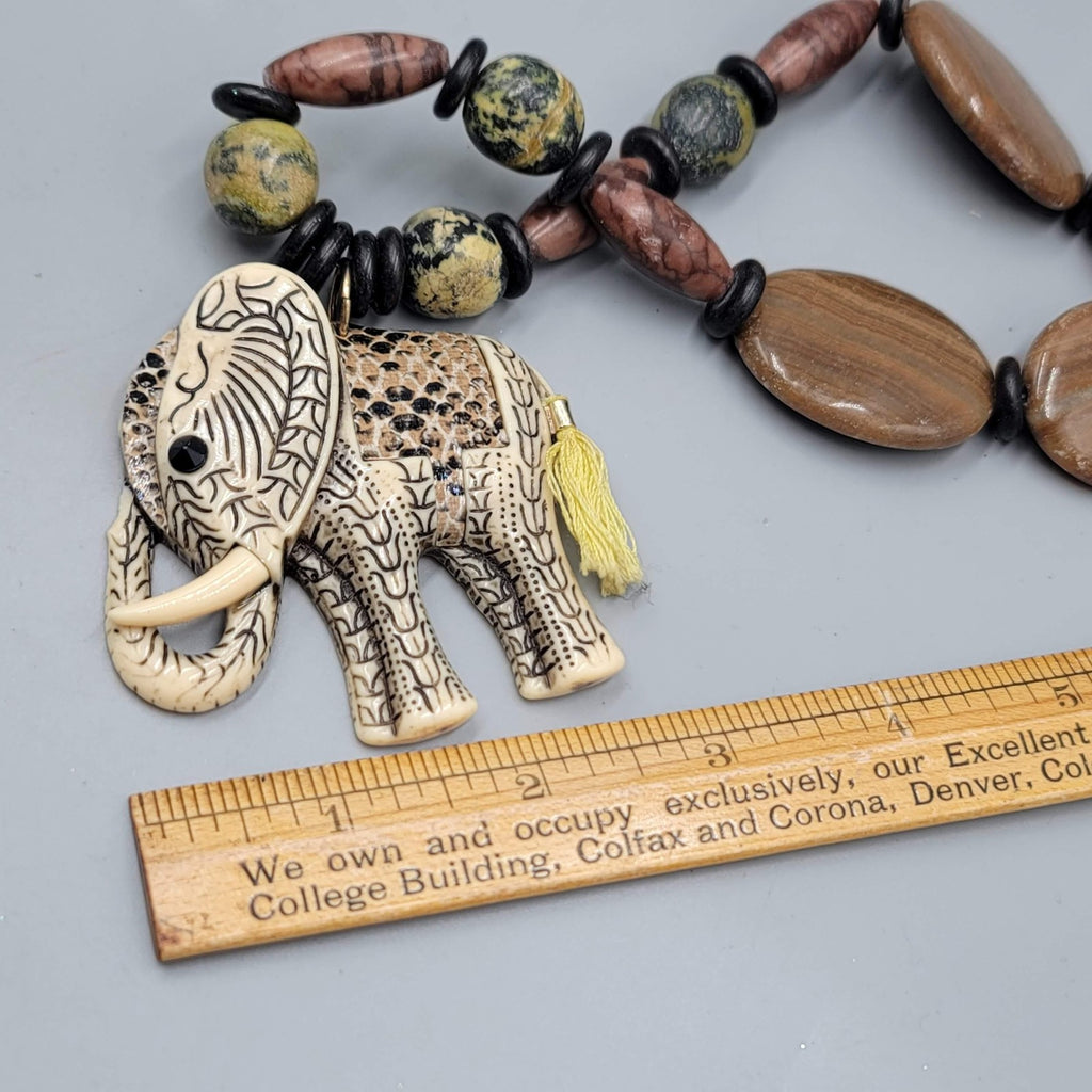 Elephant Pendant Necklace Mixed Stone Beads Toggle Clasp 24 in African Motif