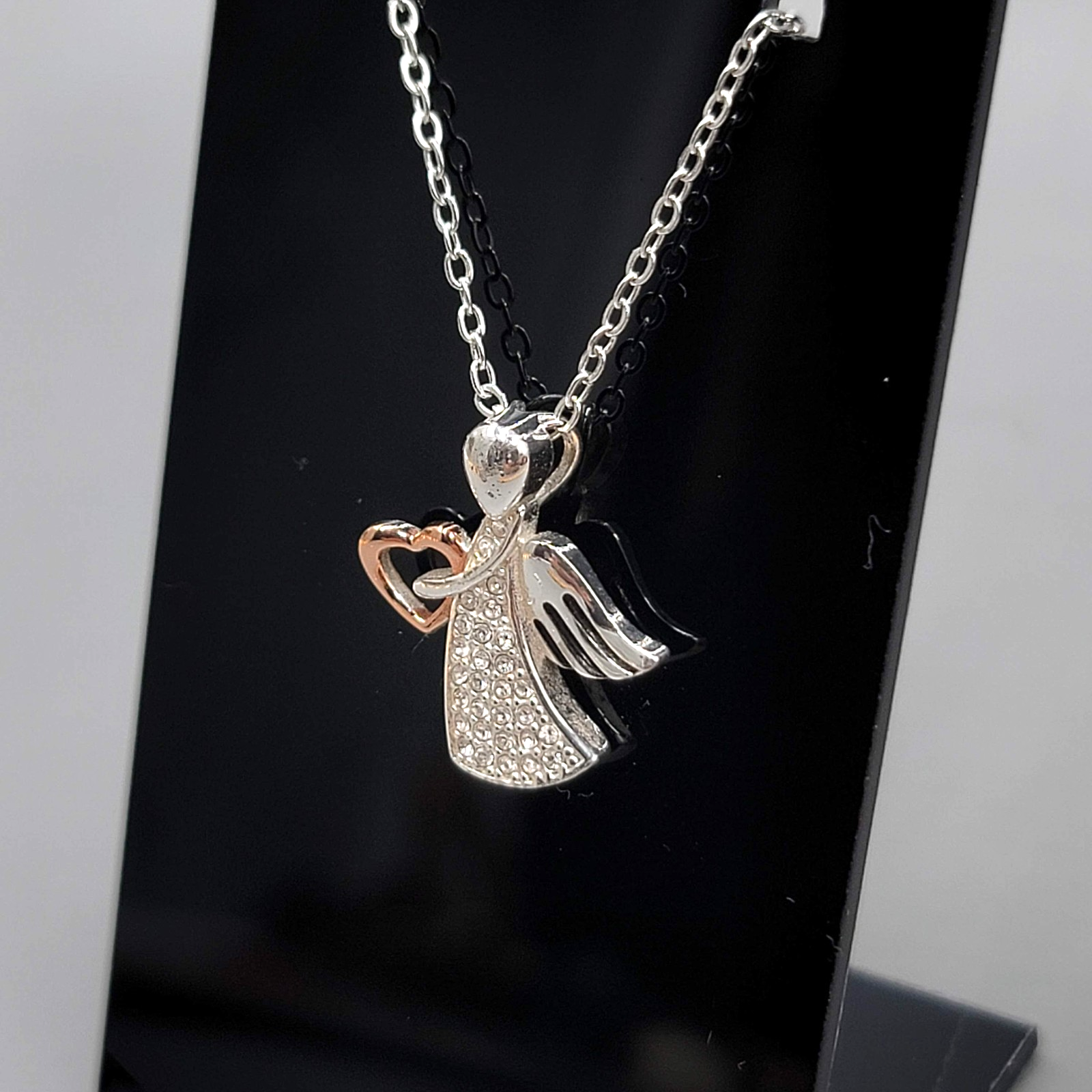 Angel Pendant Crystal Gold Plated Heart Necklace Silver Plated 18"