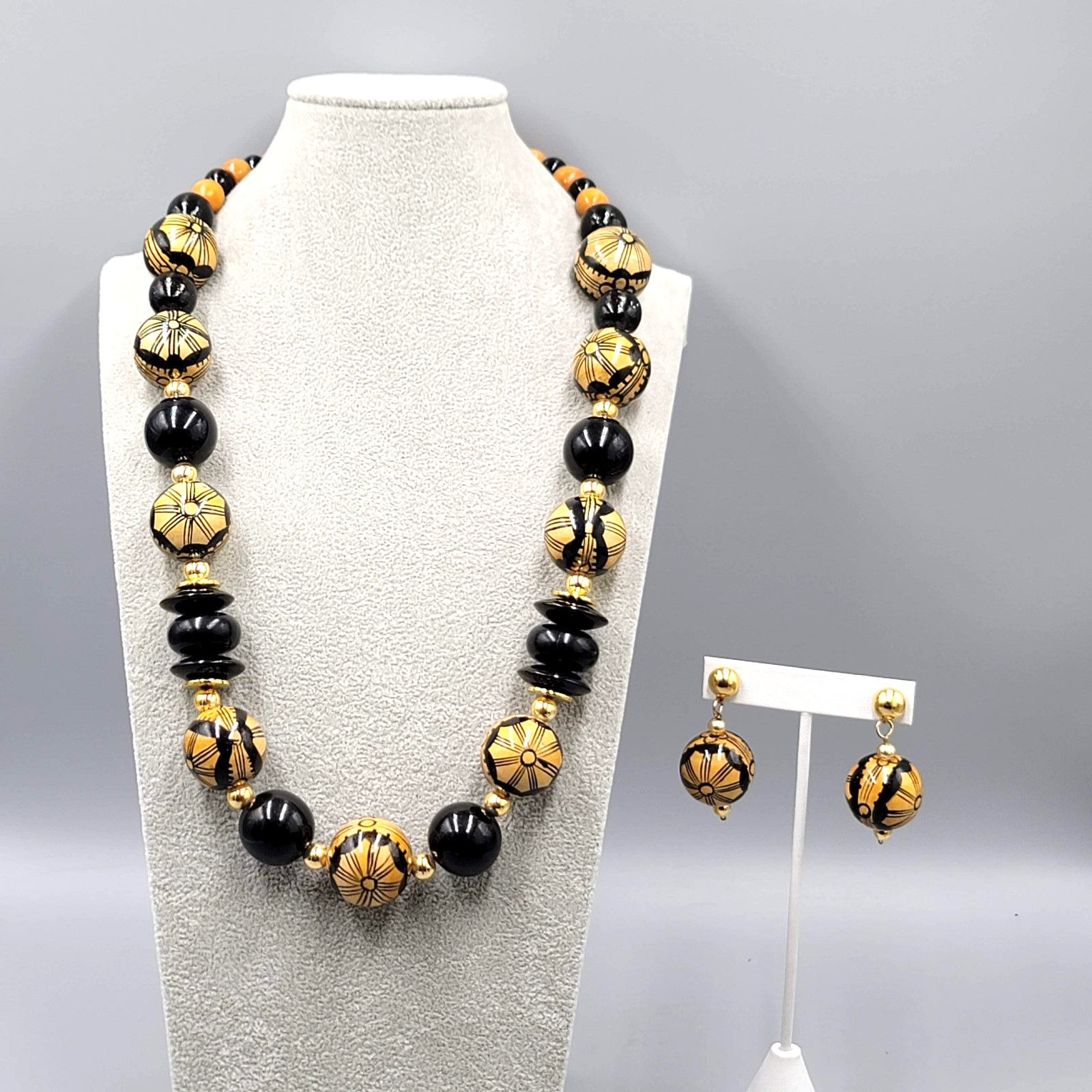 Vintage Large Bead Statement Necklace Pierced Earring Set Tan Black Gold tone