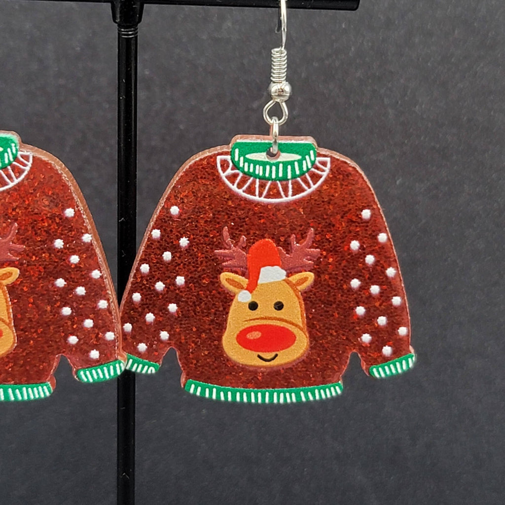 New Pierced Earrings Ugly Christmas Sweater Reindeer Dangle 1.5"