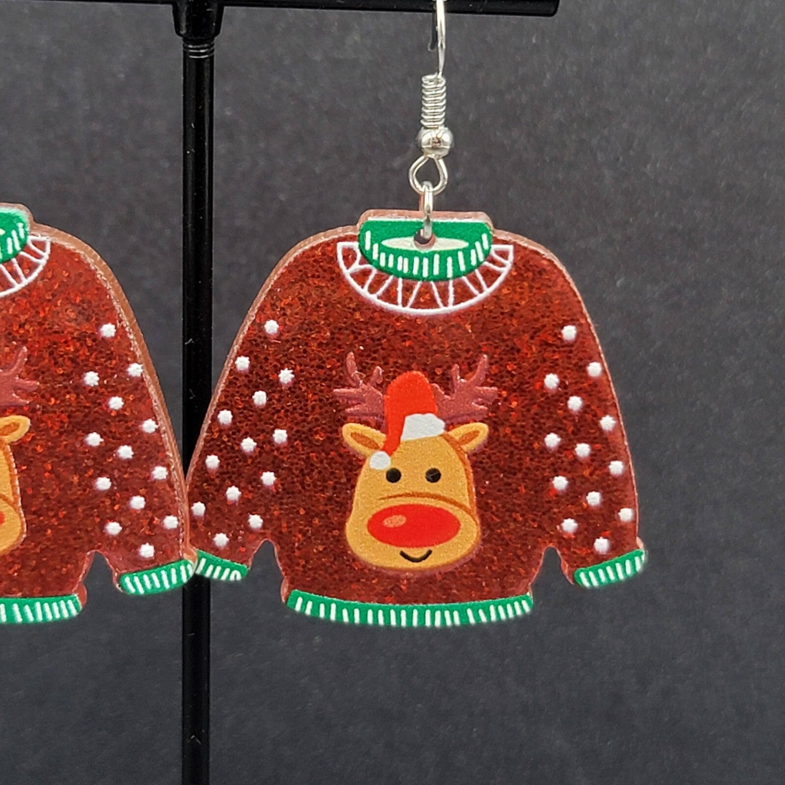 New Pierced Earrings Ugly Christmas Sweater Reindeer Dangle 1.5"