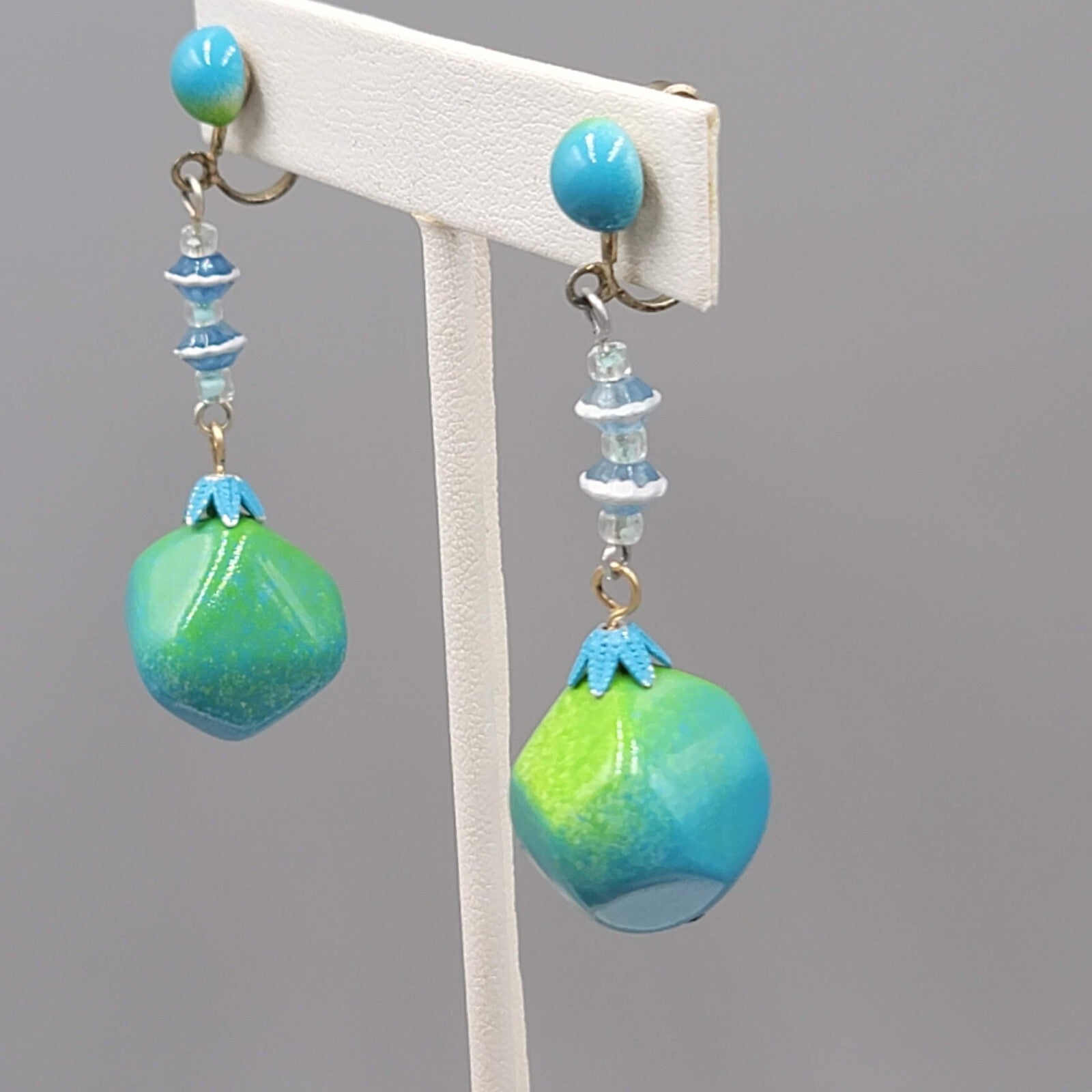 Vintage Green Blue Dangle Bead Clip on Earrings 2.25"