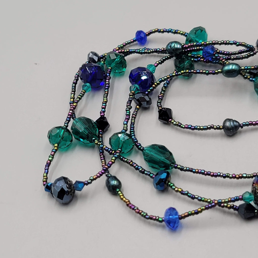 Signed Beaded Necklace Long 30 in Black Purple Green Triple Layer