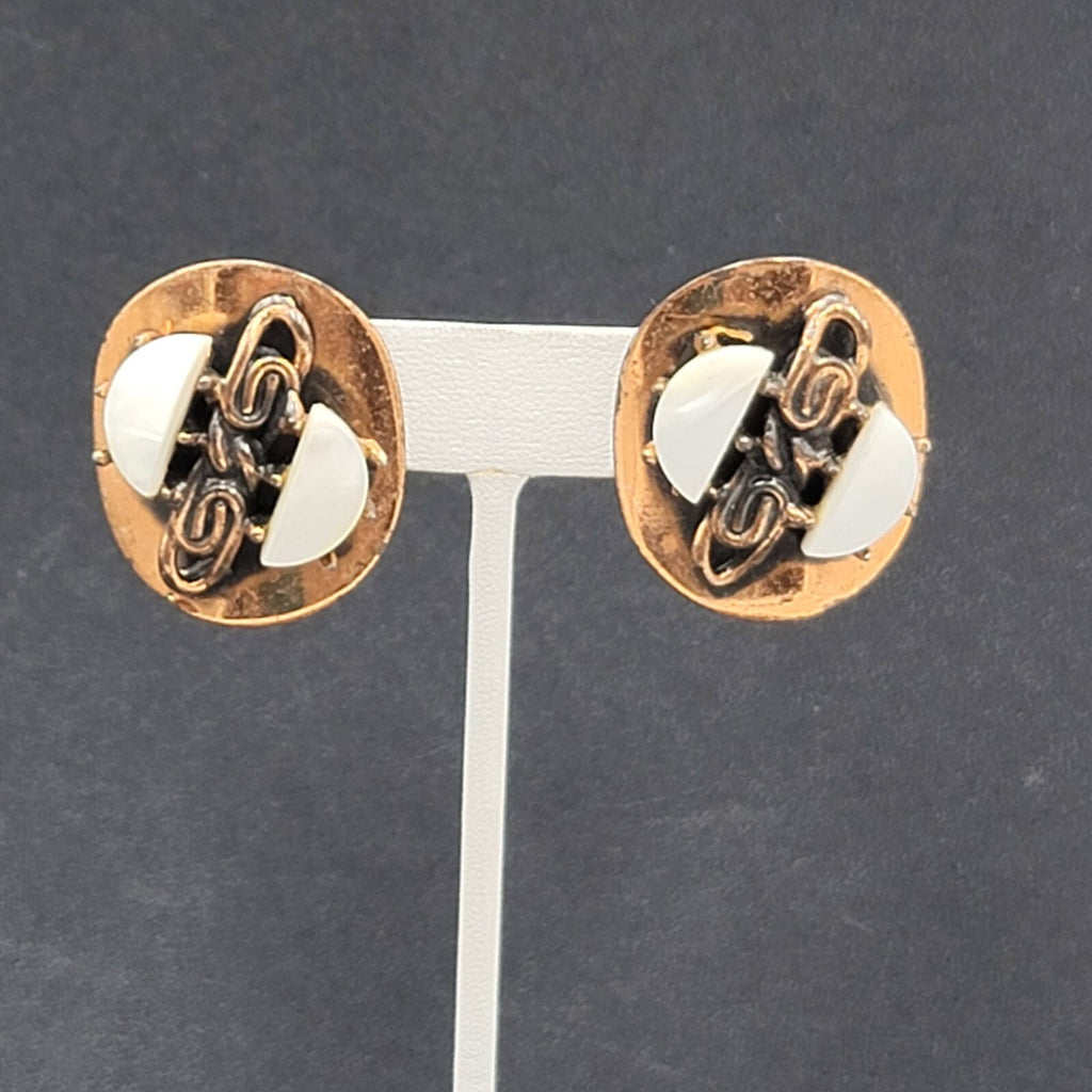 Vintage Clip on Earrings Copper Plated Mother of Pearl Accents Modernist 1.25"