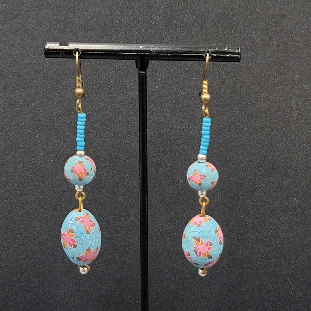 Vintage Pierced Earrings Gold tone Blue Flower Bead Long Dangle 2.25"