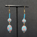 Vintage Pierced Earrings Gold tone Blue Flower Bead Long Dangle 2.25"