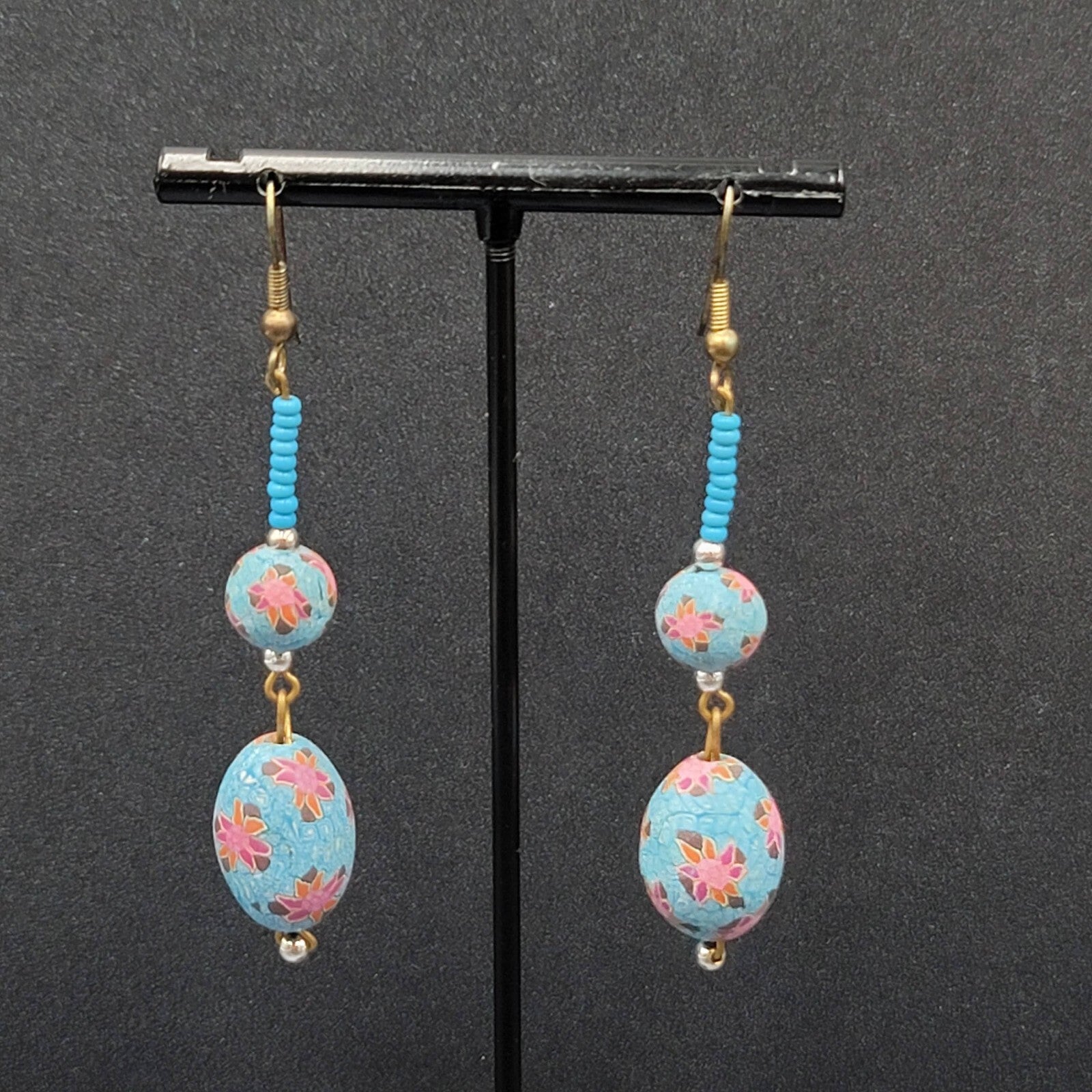 Vintage Pierced Earrings Gold tone Blue Flower Bead Long Dangle 2.25"