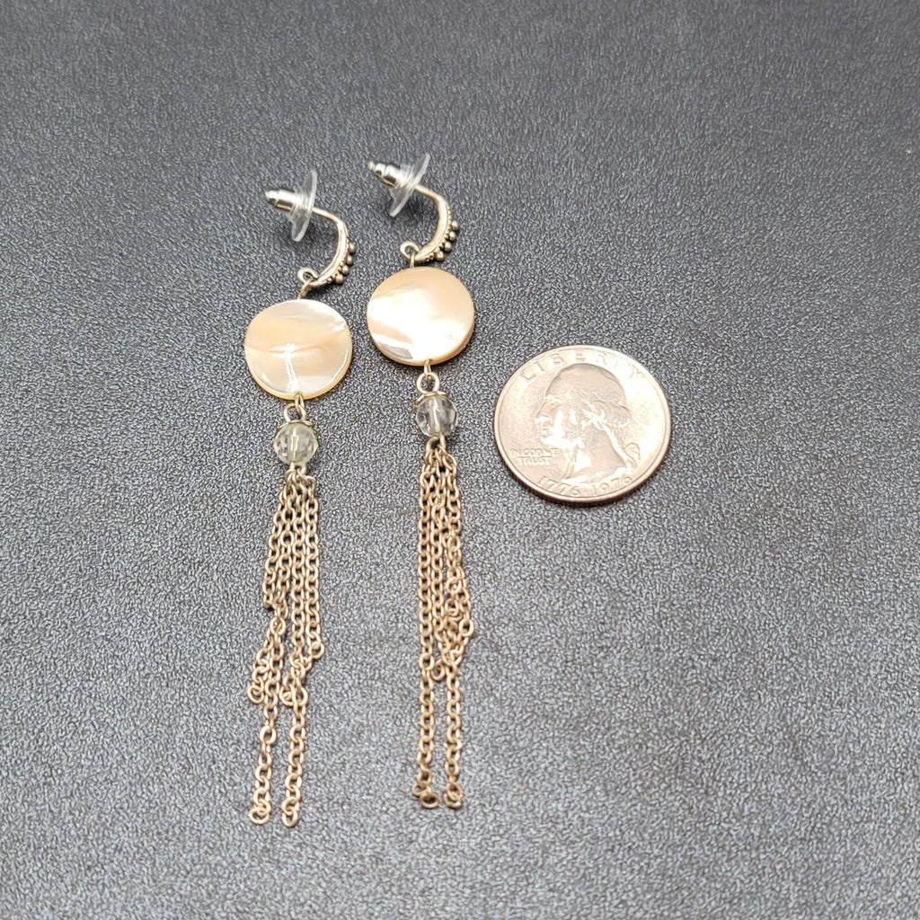 Pierced Earrings Silver tone Mother of Pearl Disc Dangle Chains 3.5"