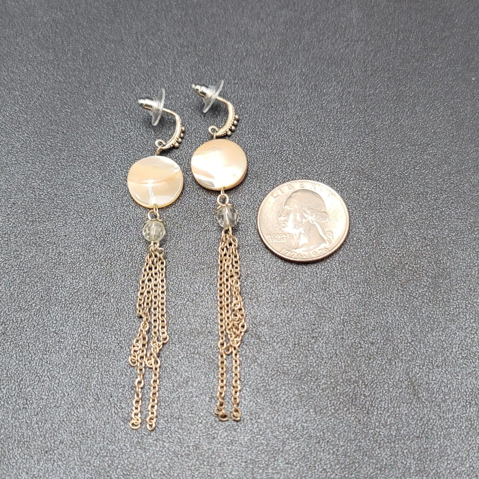 Pierced Earrings Silver tone Mother of Pearl Disc Dangle Chains 3.5"