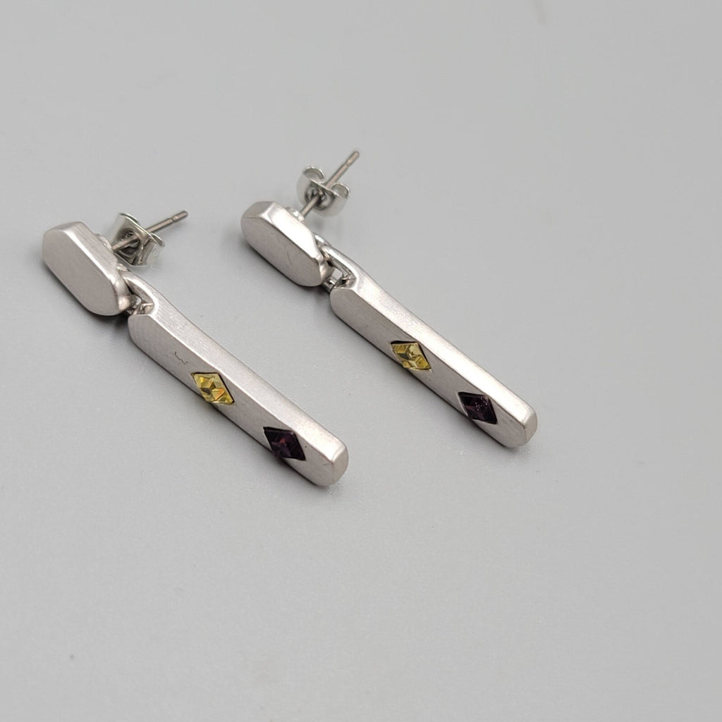 Pierced Earrings Silver tone Yellow Purple Crystal Dangle 1.25"