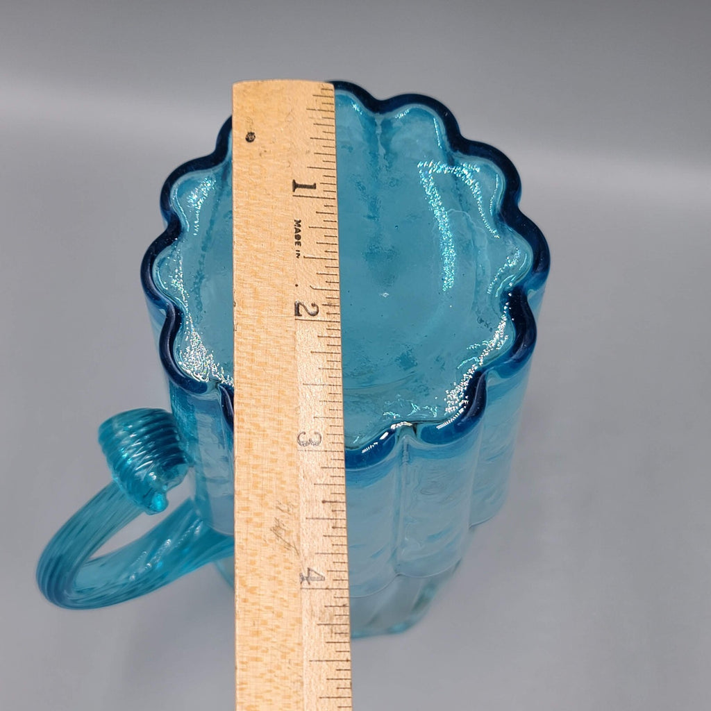 MCM Italian Empoli Ribbed Pillar Aqua Blue Art Glass Pitcher with Ice Lip 8"