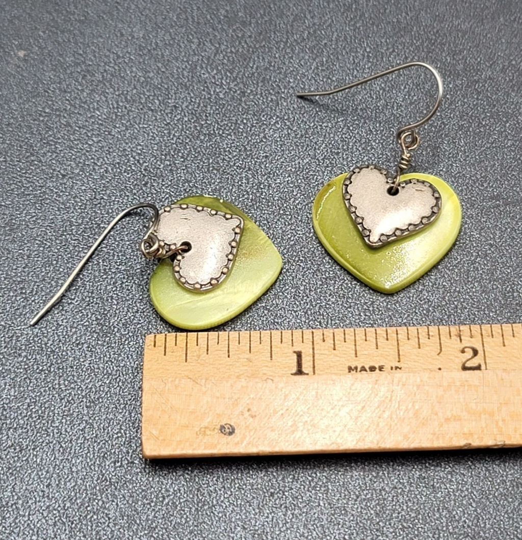 Vintage Heart Pierced Earrings Green Shell Silver tone Layered Dangle 3/4"