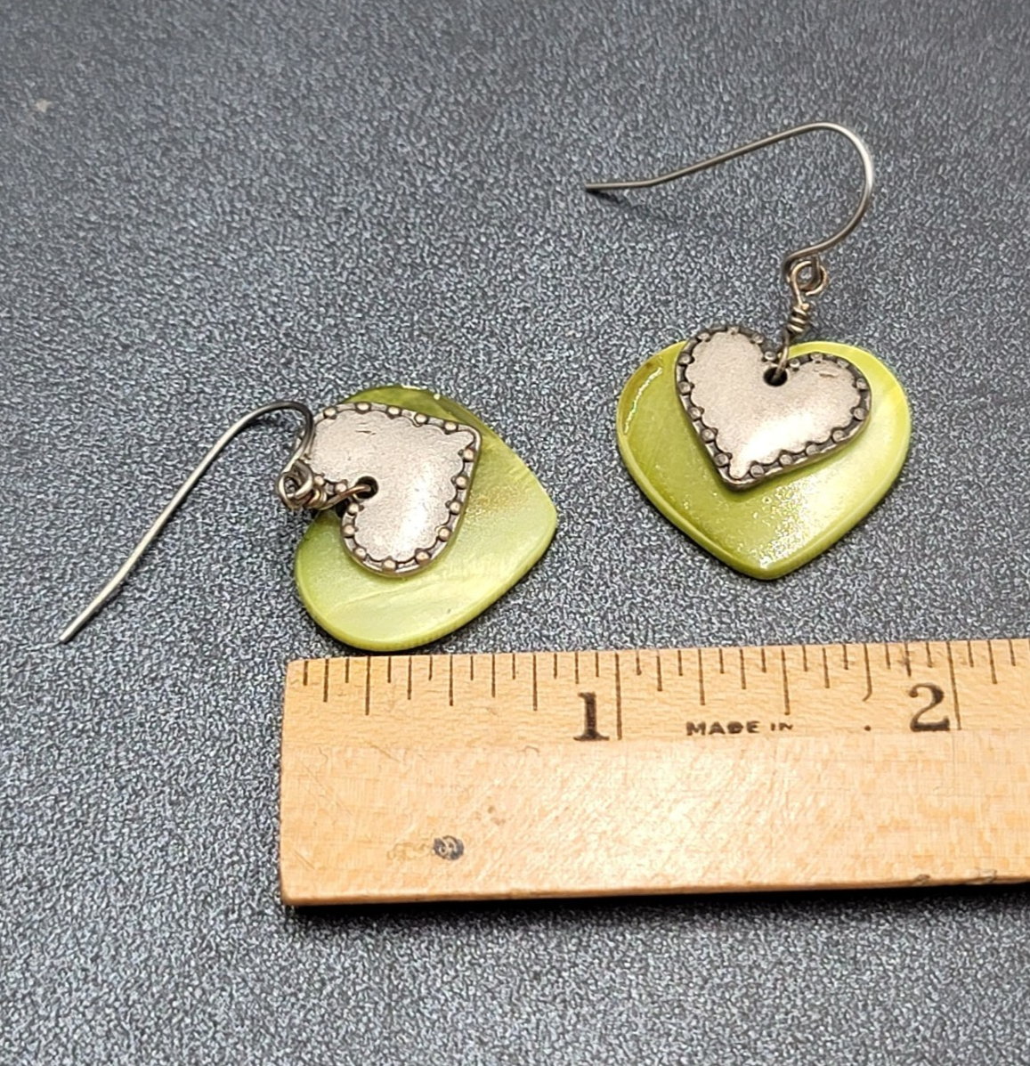 Vintage Heart Pierced Earrings Green Shell Silver tone Layered Dangle 3/4"