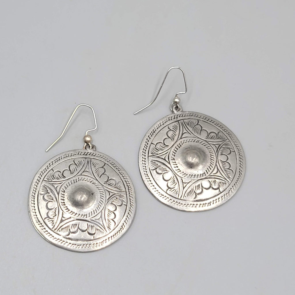 Mexico Engraved Silver tone Dangle Pierced Earrings Round 1.5"