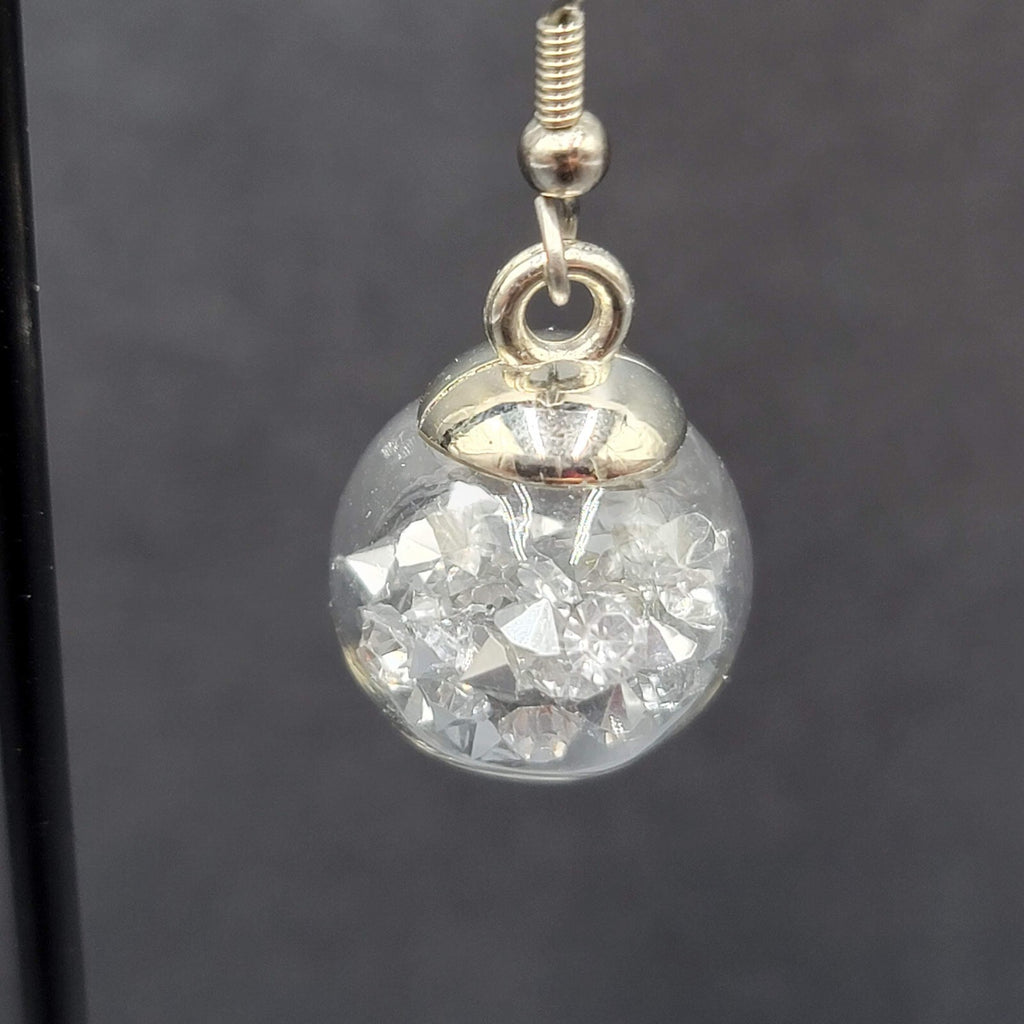 Pierced Earrings Silver tone Loose Silver Rhinestones Filled Sphere Dangle 3/4"