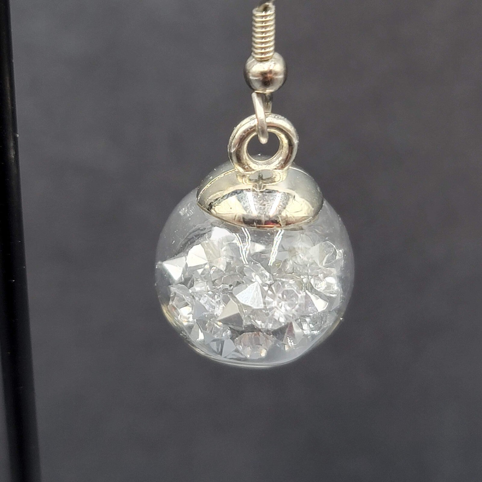 Pierced Earrings Silver tone Loose Silver Rhinestones Filled Sphere Dangle 3/4"