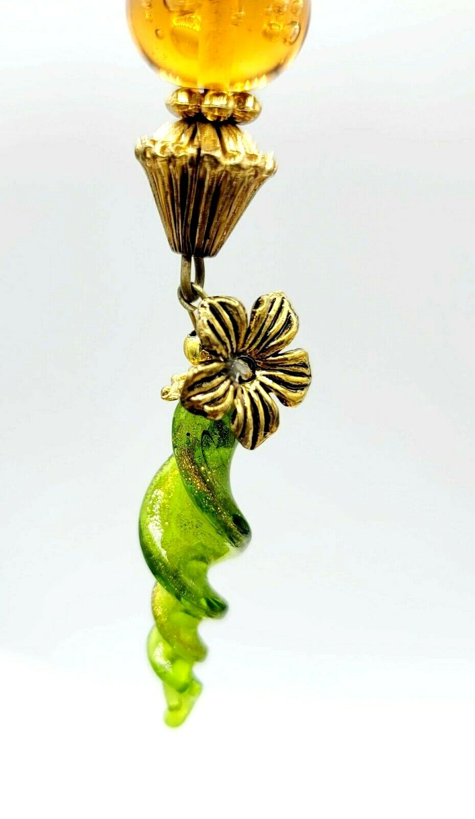 HAND BLOWN GLASS GREEN ORNAMENT 8" Gold Bead Accents Dragonfly