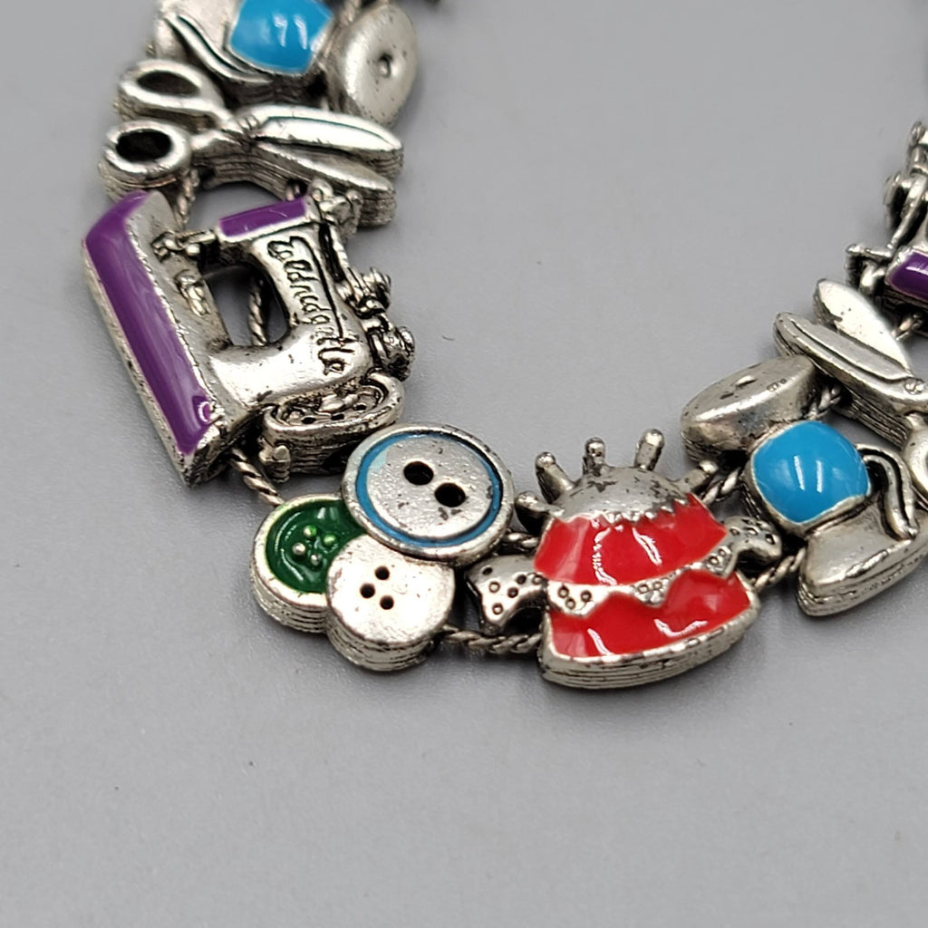 Slide Charm Bracelet Sewing Theme Silver tone Enamel 