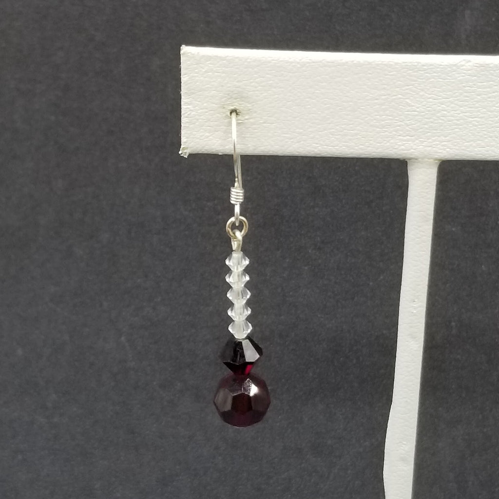 Pierced Earrings Silver tone Red Crystal Faceted Bead Dangle 1"