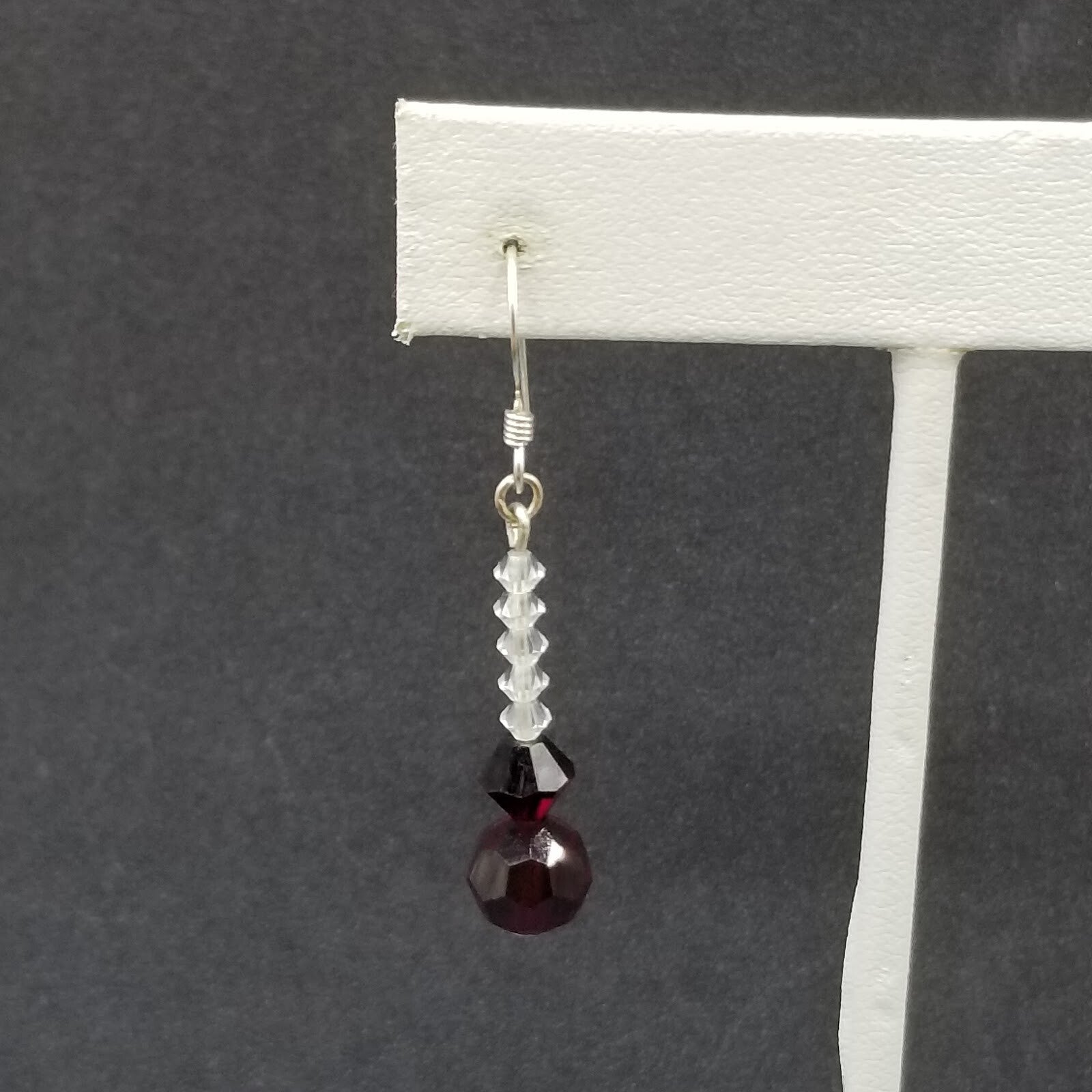 Pierced Earrings Silver tone Red Crystal Faceted Bead Dangle 1"