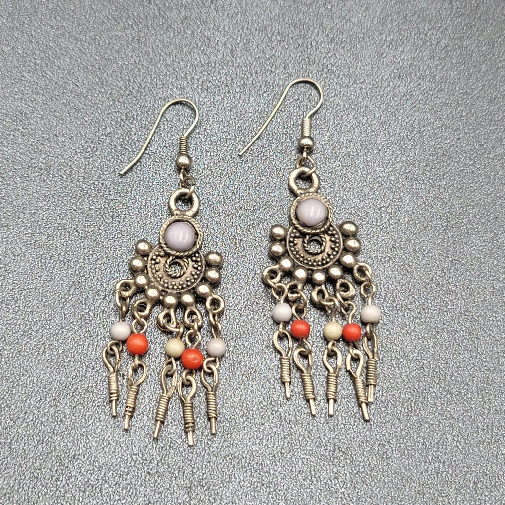 Boho Pierced Earrings Silver tone Beaded Chandelier 2.25"