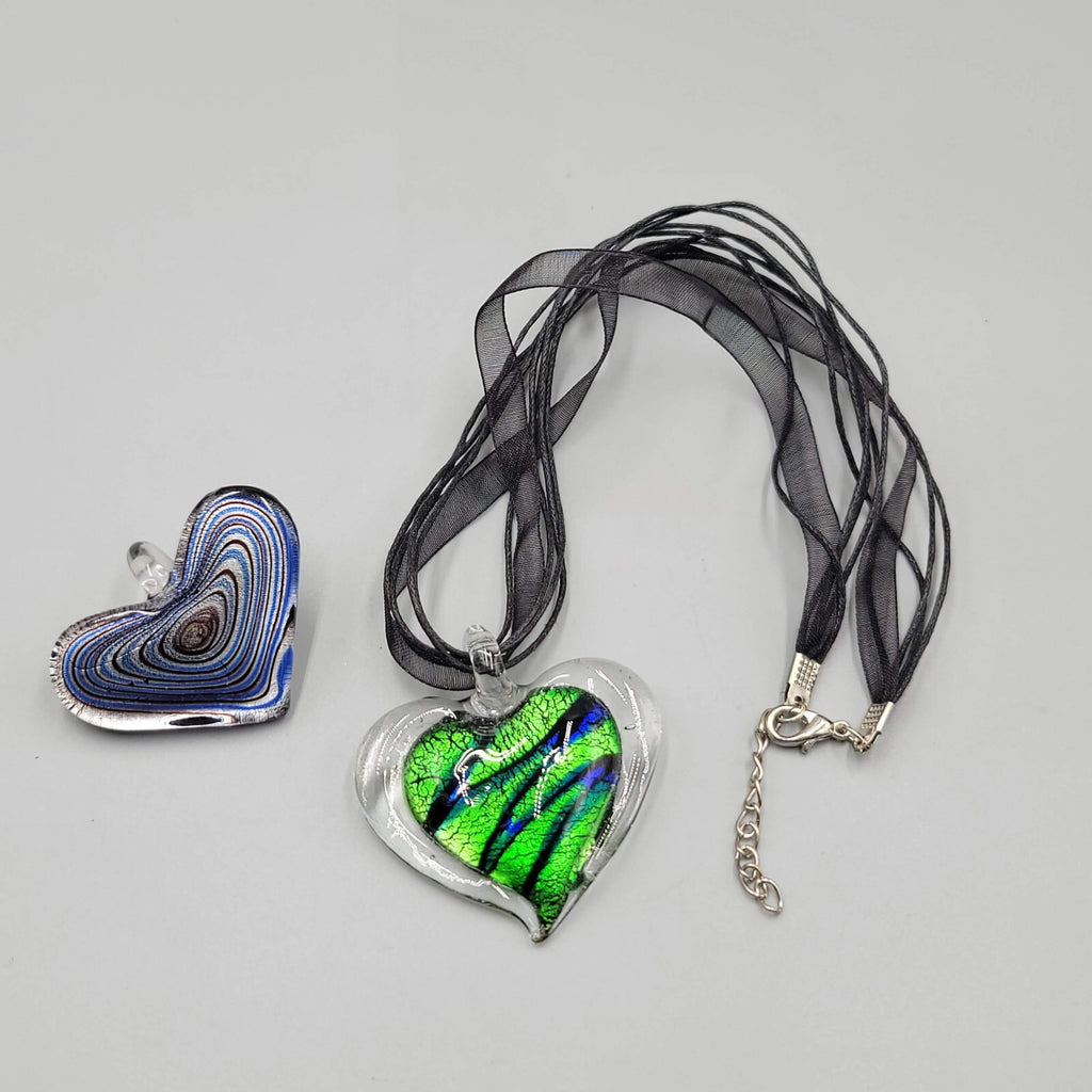 Lampwork Art Glass Heart Pendant Lot of 2 Necklace Black Ribbon Cord 18"+