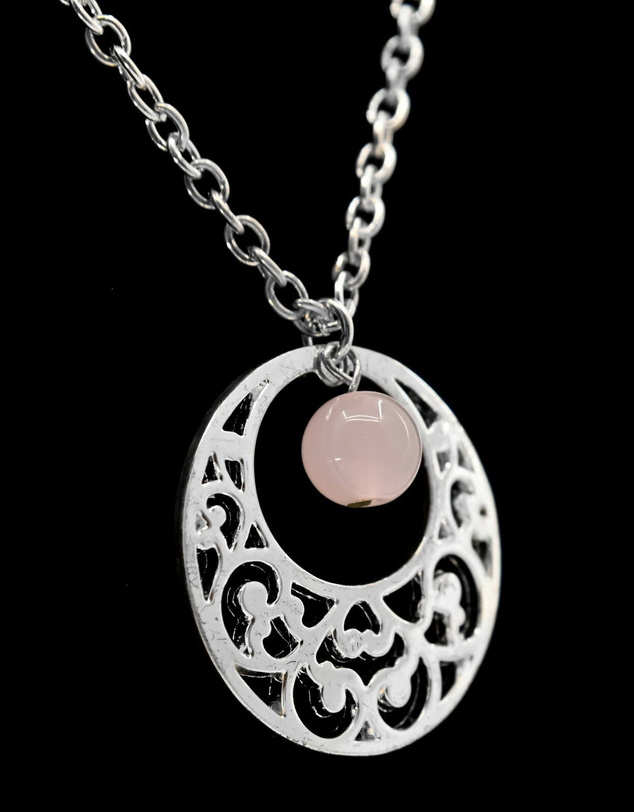 Pendant Necklace Signed LBVYR Pink Quartz Dangle Silver Round Filigree Open  20"