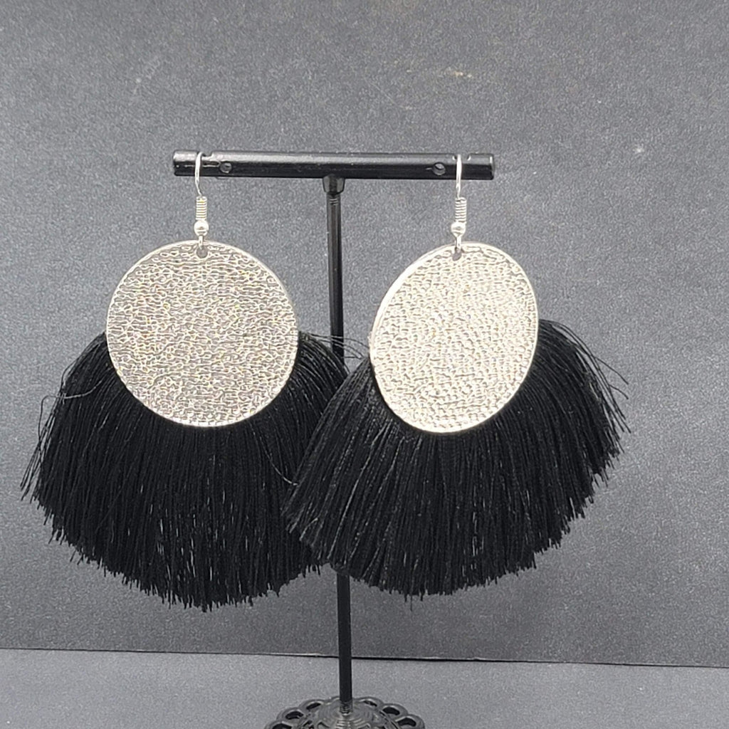 Pierced Earrings Silver tone Black Tassel Statement Dangle 2.5"