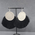 Pierced Earrings Silver tone Black Tassel Statement Dangle 2.5"