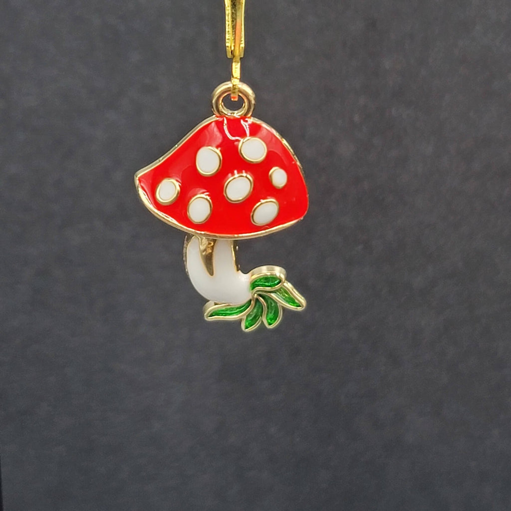 Mushroom Pierced Earrings Gold tone Enamel Red White Polka Dot Dangle 1"
