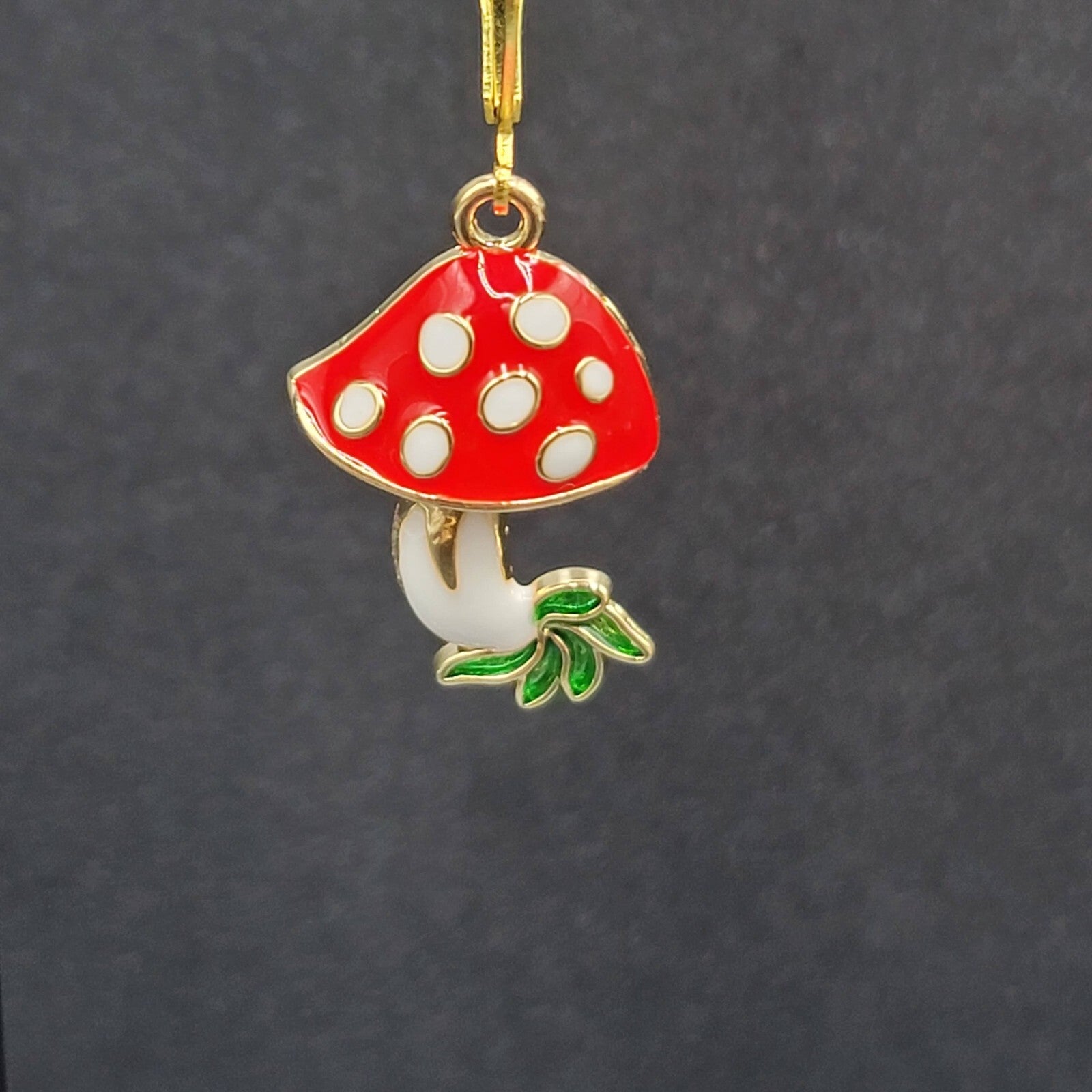 Mushroom Pierced Earrings Gold tone Enamel Red White Polka Dot Dangle 1"