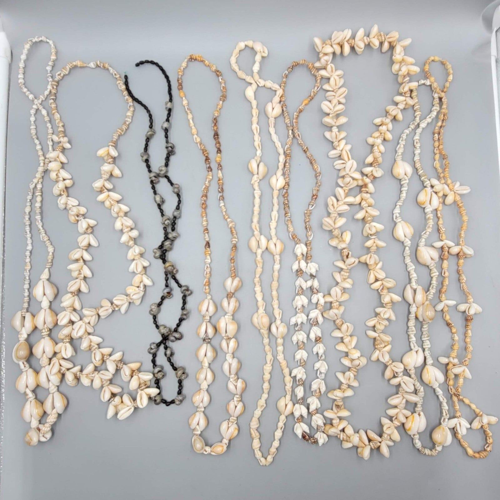 Vintage Lot Hawaiian Shell Bead Lei Necklaces Cluster White Cream Mixed Lot of 9