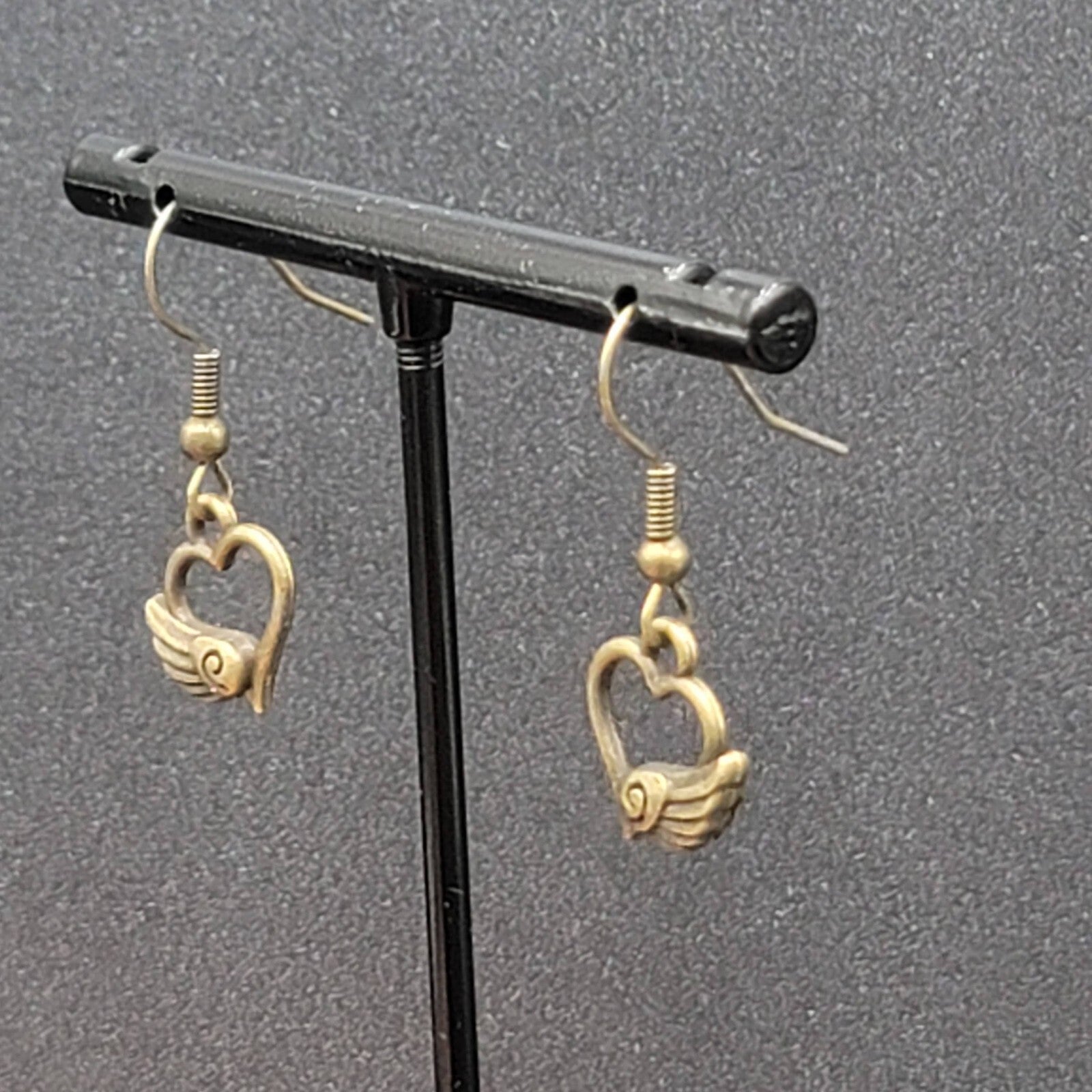 Pierced Earrings Bronze tone Open Winged Heart Dainty Dangle 1/2"
