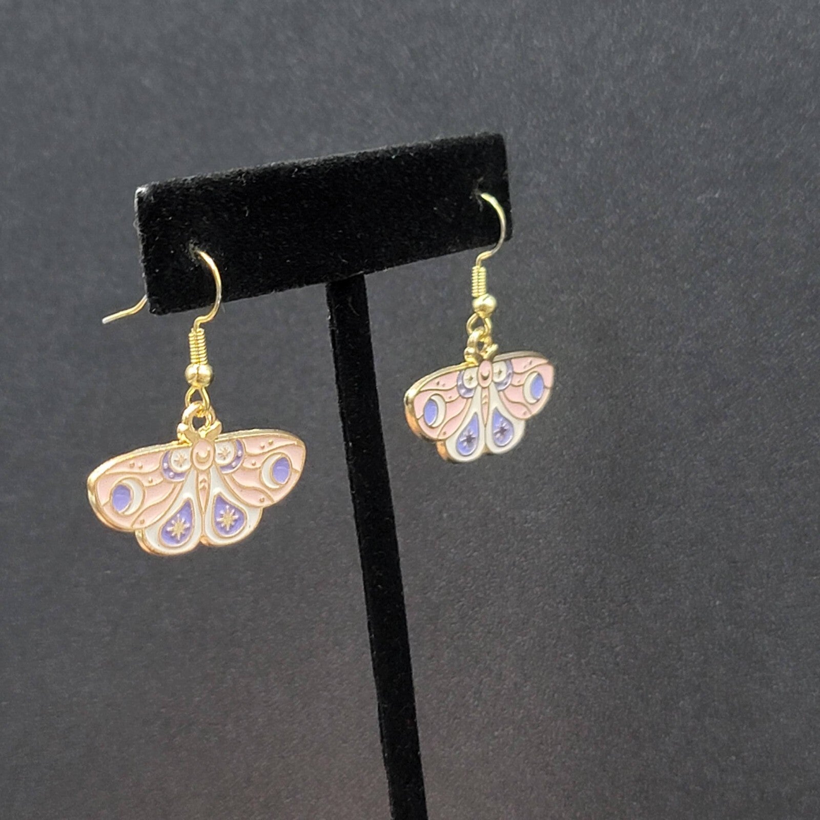 Moth Pierced Earrings Gold tone Pink Purple White Enamel Dangle 5/8"