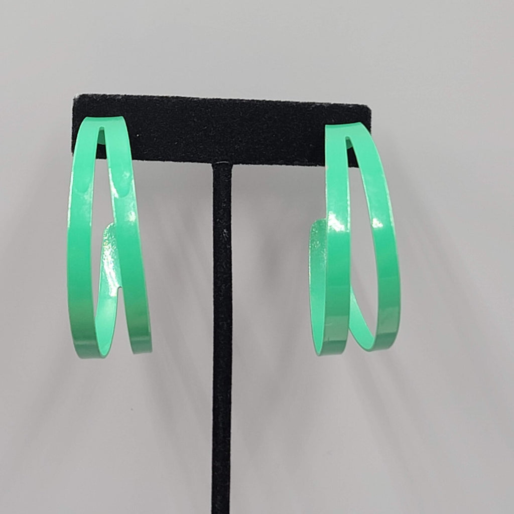 Green Enamel Hoops Hoop Pierced Earrings Large Statement Double 2"