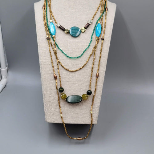 Artisan 5 Strand Multi Type Multi Color Bead Boho Necklace 28"- 40"