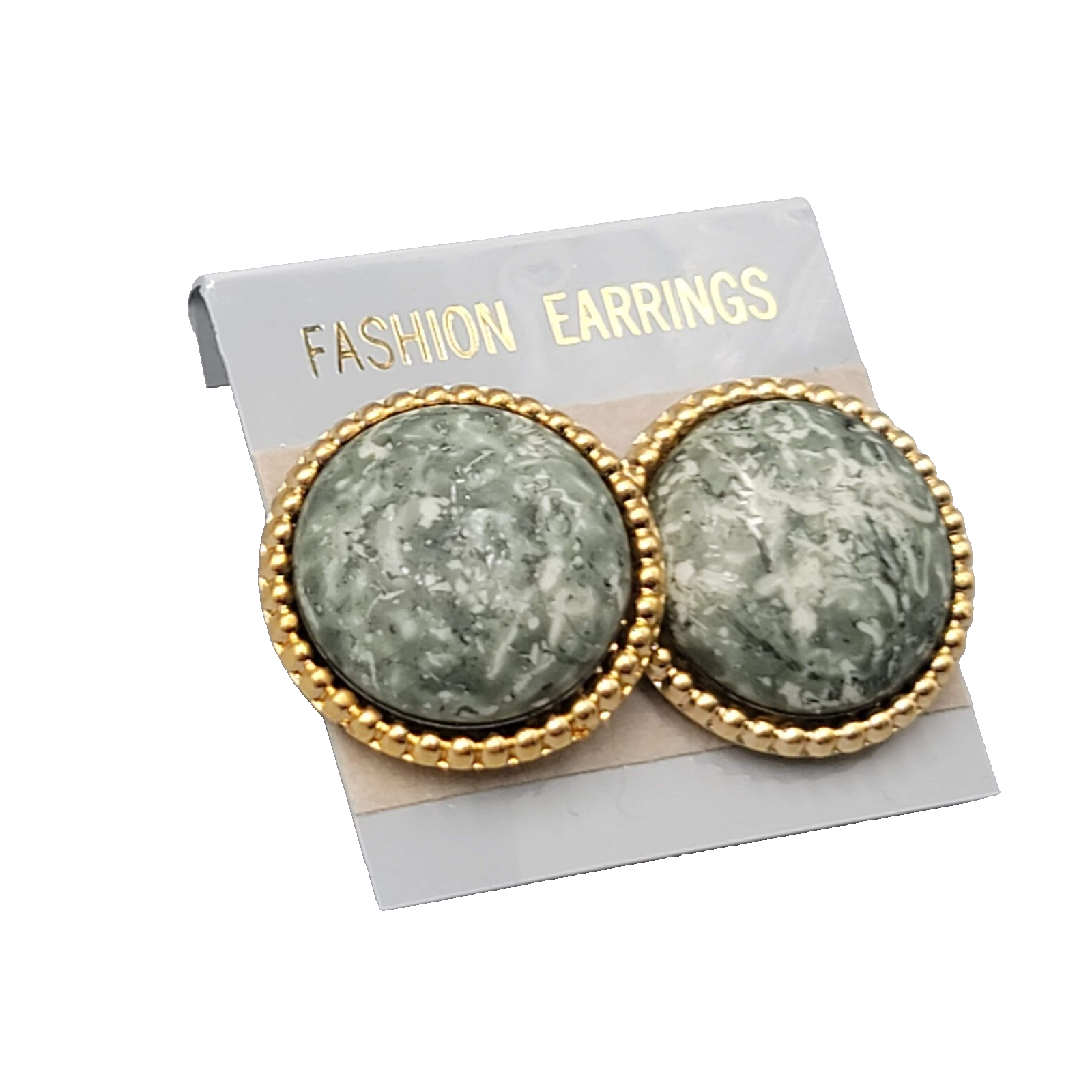 Vintage Pierced Earrings Gold tone Green Speckle Dome NOS 1 in